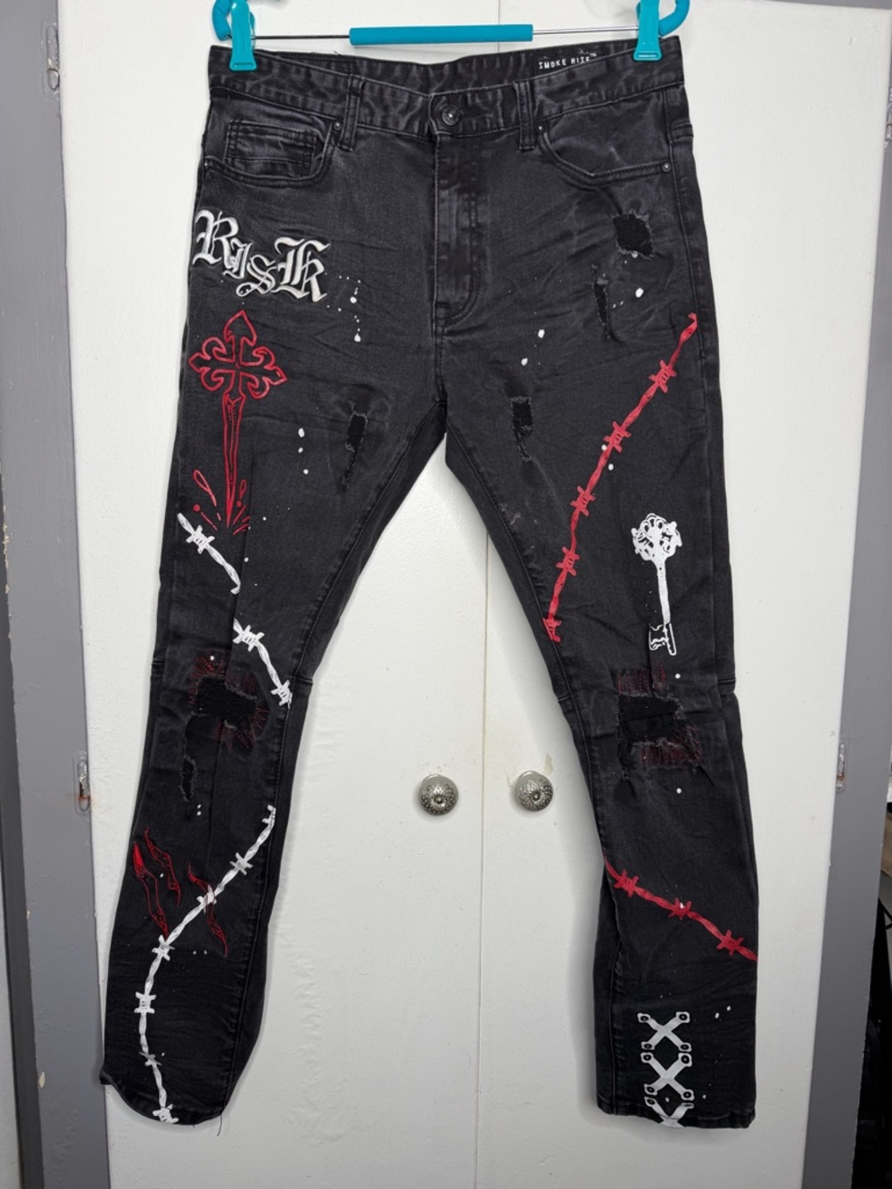 Smoke Rise NY Distressed Graphic Patched Denim Jeans Men 34x32 Grunge Hip Hop